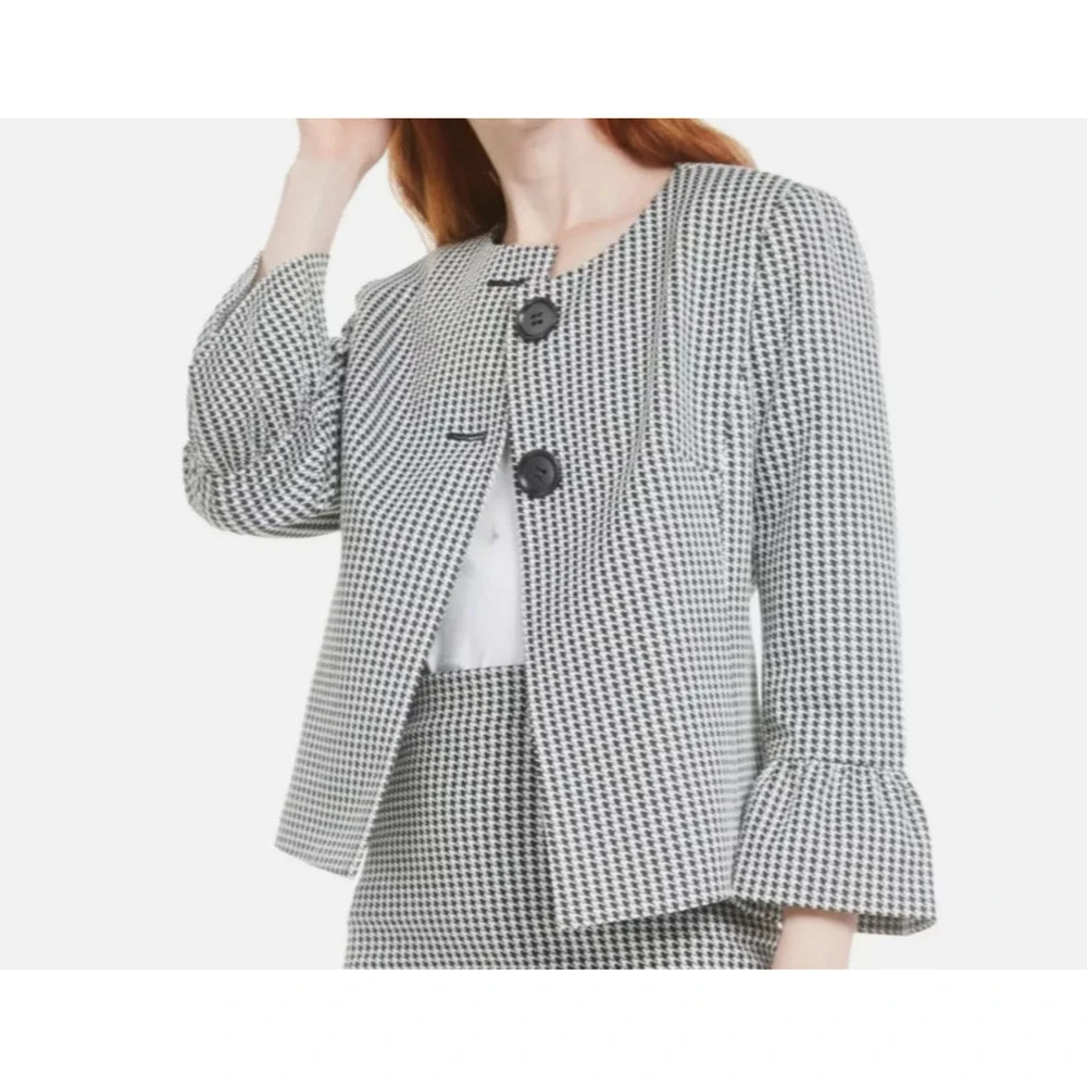 NWT NINE WEST Women's Bell Sleeve Houndstooth Stretch Basic Blazer Jacket Top 2X